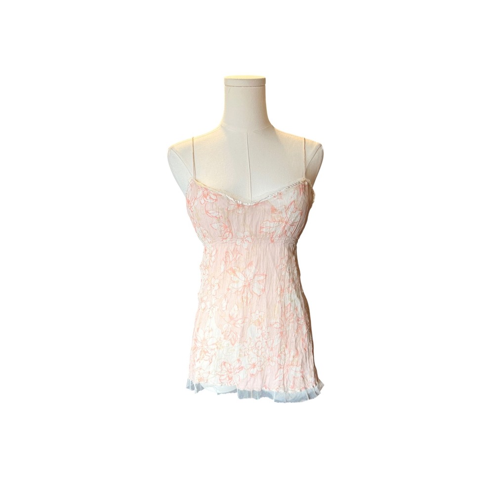Gianni Bini Pink Floral 100% Silk Camisole Top Lace Trim Empire Waist Medium